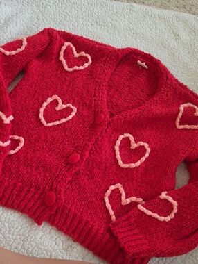 BiBi Red Cardigan with Pink Heart Appliqués